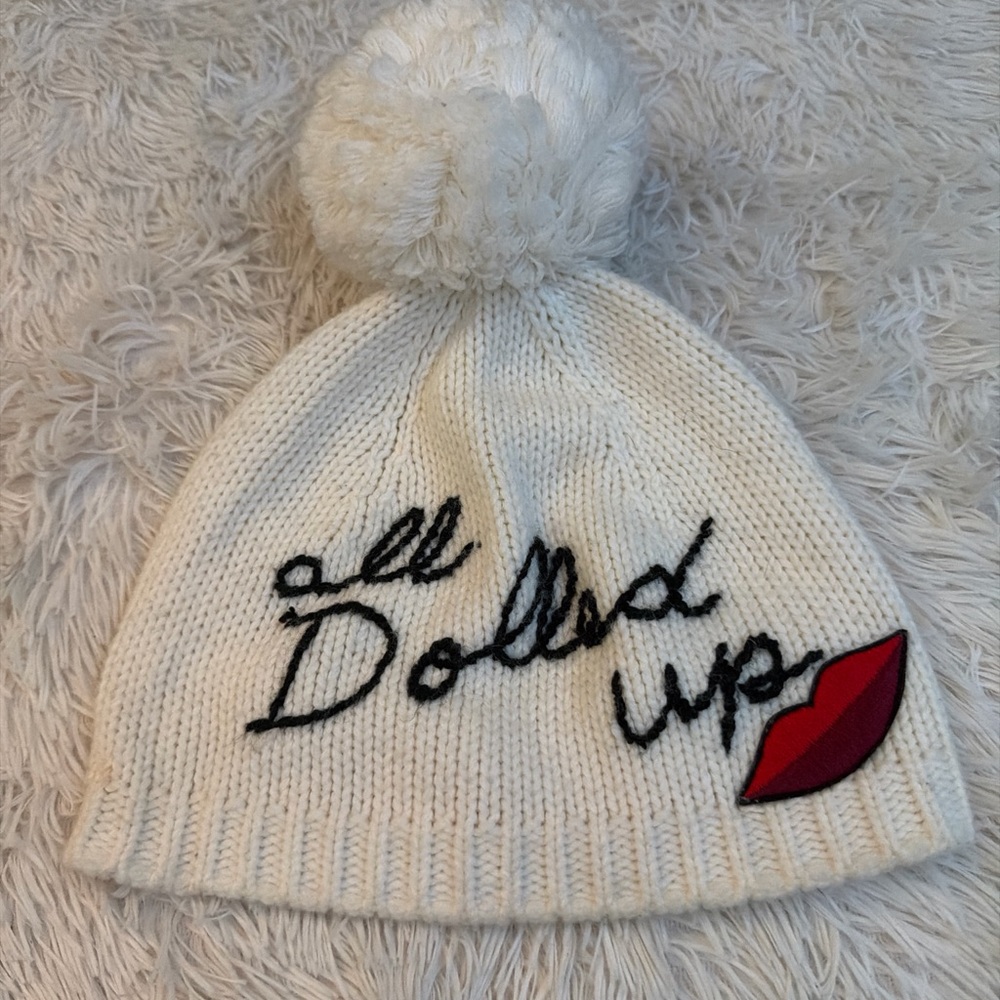 Kate Spade Cream Knit Beanie with Pom Pom and Embroidery